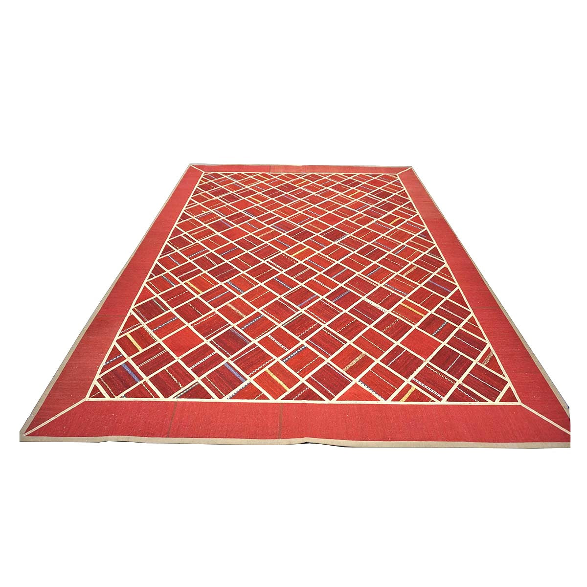 Turkish Retro Kilim Flatweave Wool 9x12 Red & Ivory Handmade Area Rug #1142375
