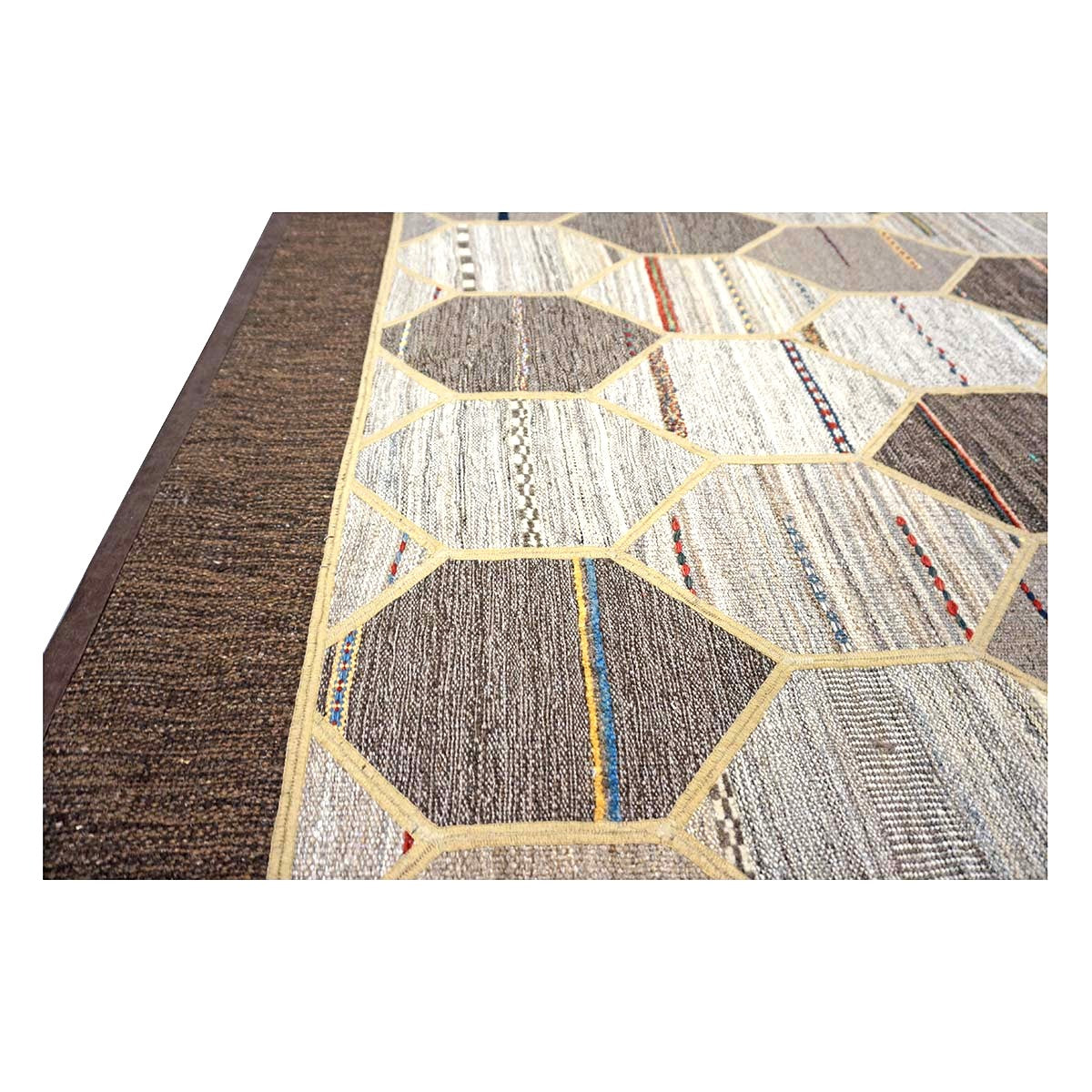 Turkish Retro Kilim Flatweave Wool 10x14 Ivory, Grey & Brown Handmade Area Rug #1142401