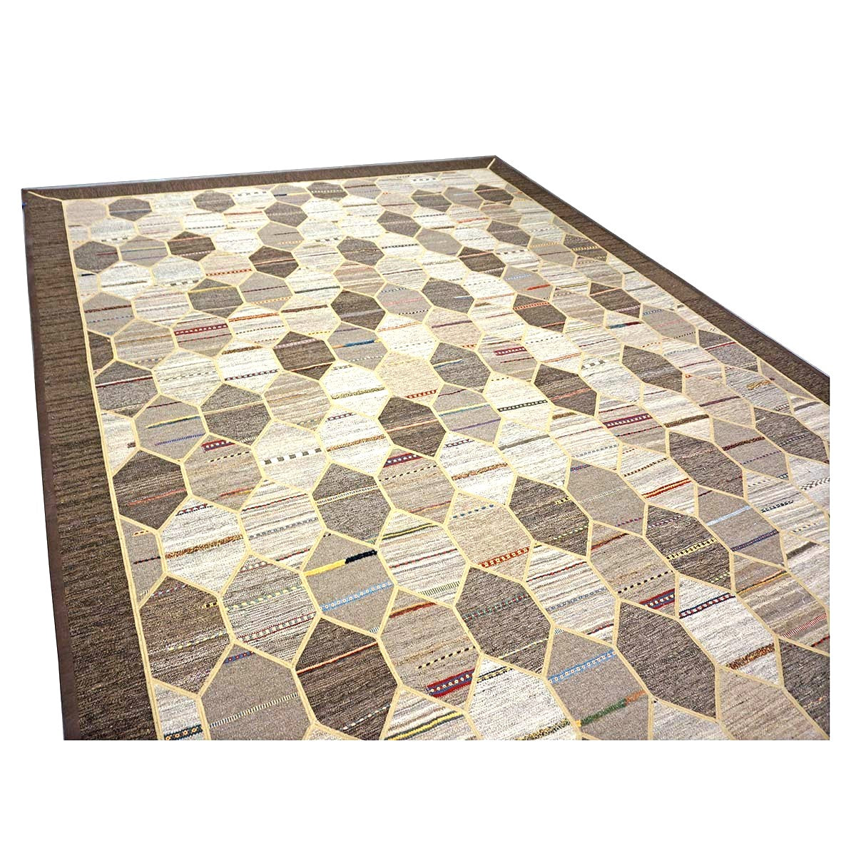 Turkish Retro Kilim Flatweave Wool 10x14 Ivory, Grey & Brown Handmade Area Rug #1142401