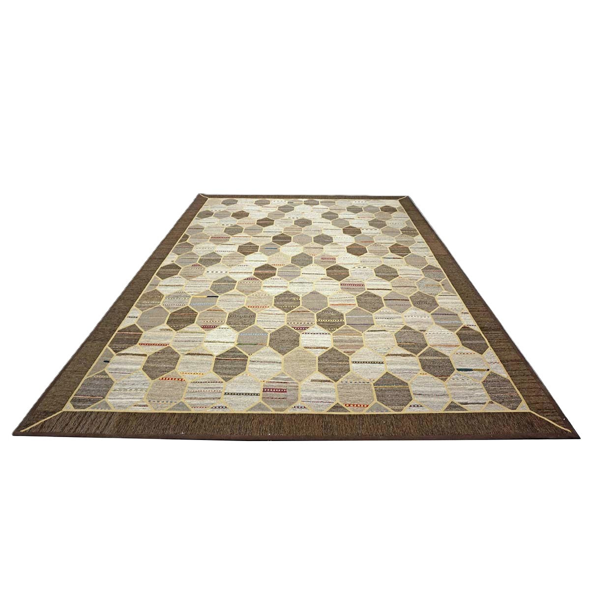 Turkish Retro Kilim Flatweave Wool 10x14 Ivory, Grey & Brown Handmade Area Rug #1142401