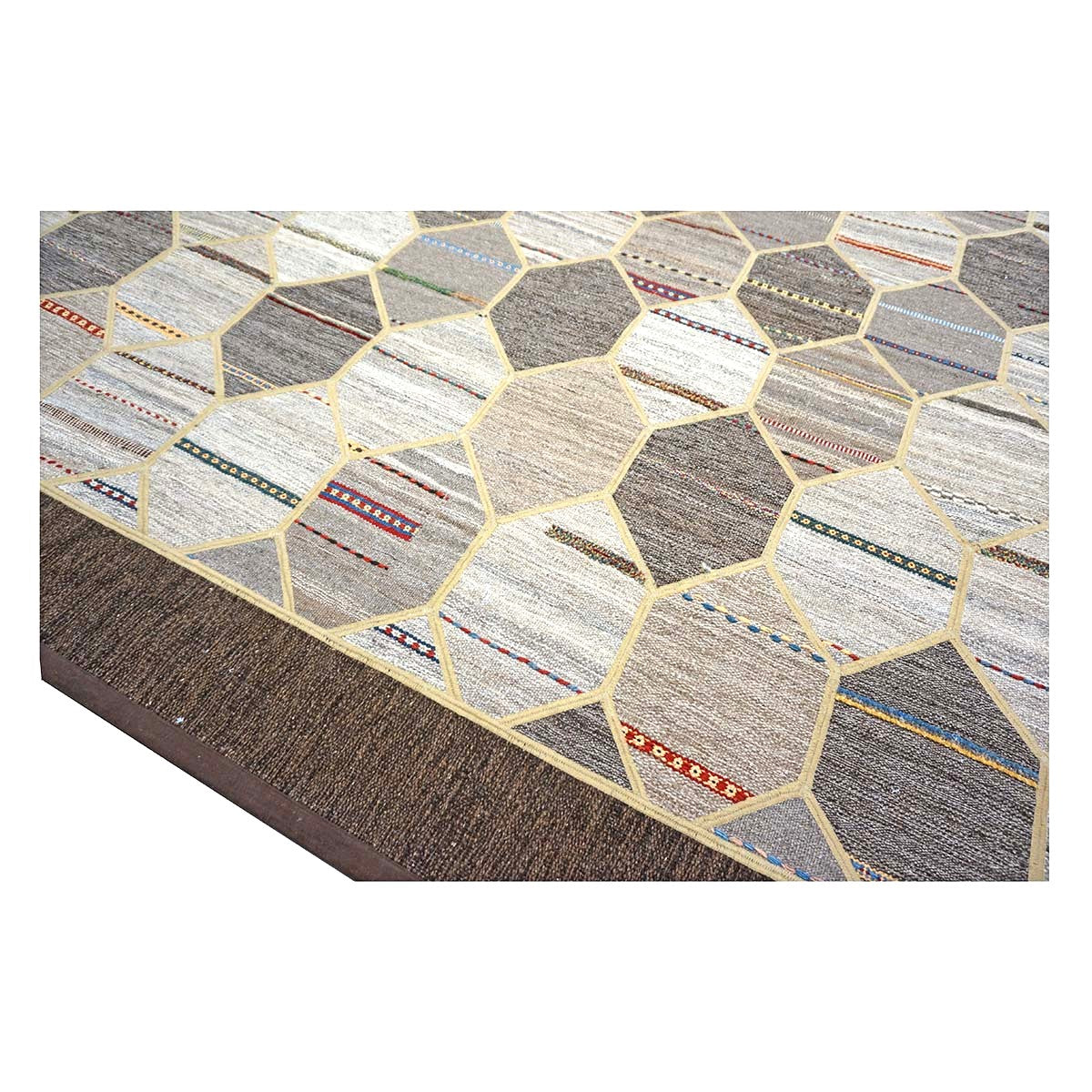 Turkish Retro Kilim Flatweave Wool 10x14 Ivory, Grey & Brown Handmade Area Rug #1142401