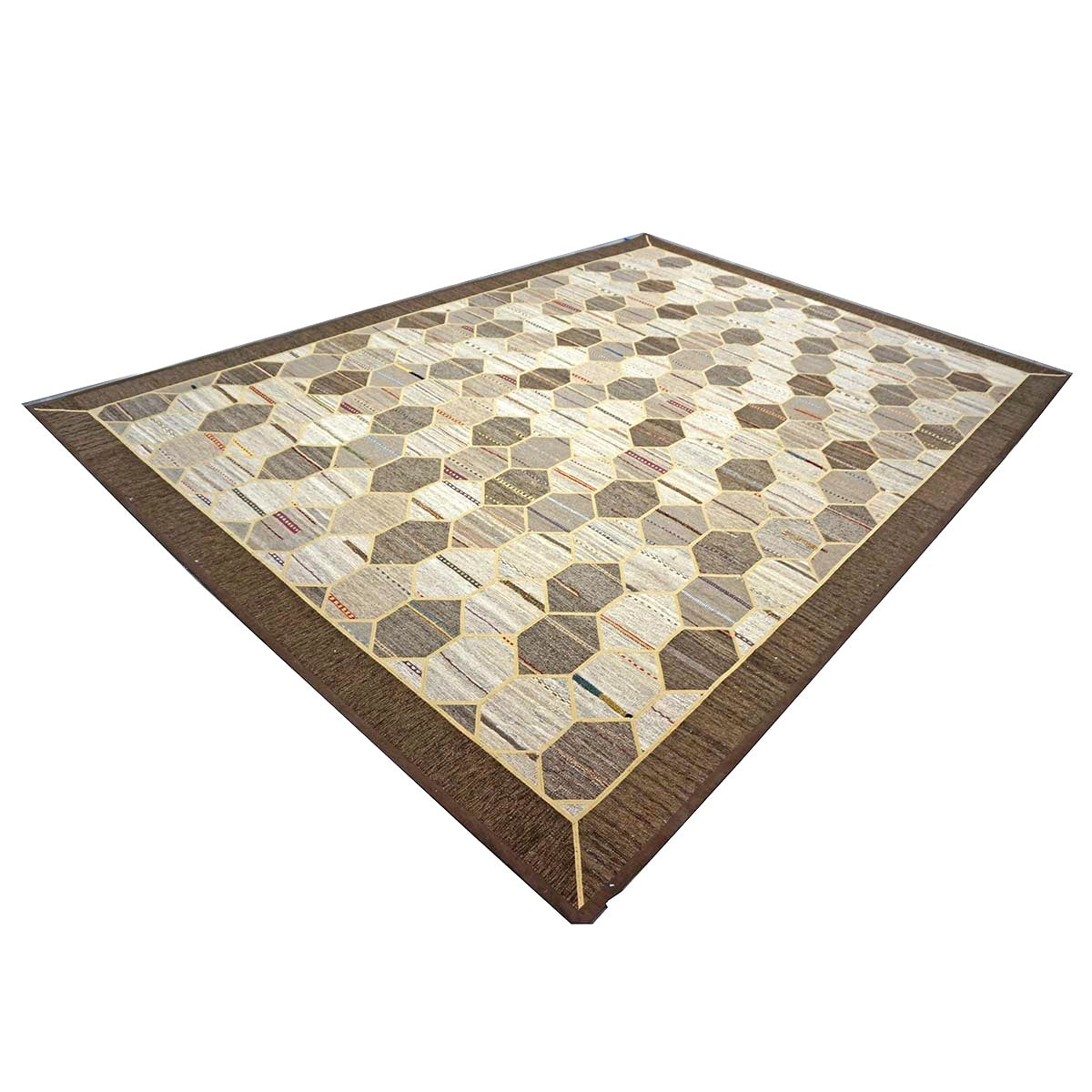 Turkish Retro Kilim Flatweave Wool 10x14 Ivory, Grey & Brown Handmade Area Rug #1142401