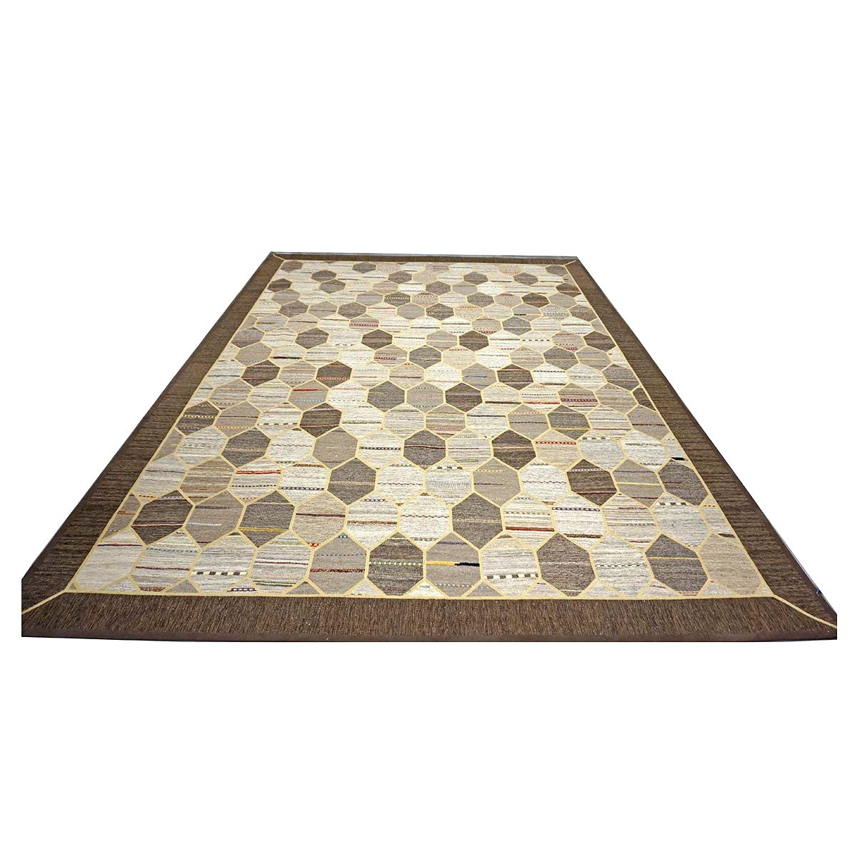 Turkish Retro Kilim Flatweave Wool 10x14 Ivory, Grey & Brown Handmade Area Rug #1142401