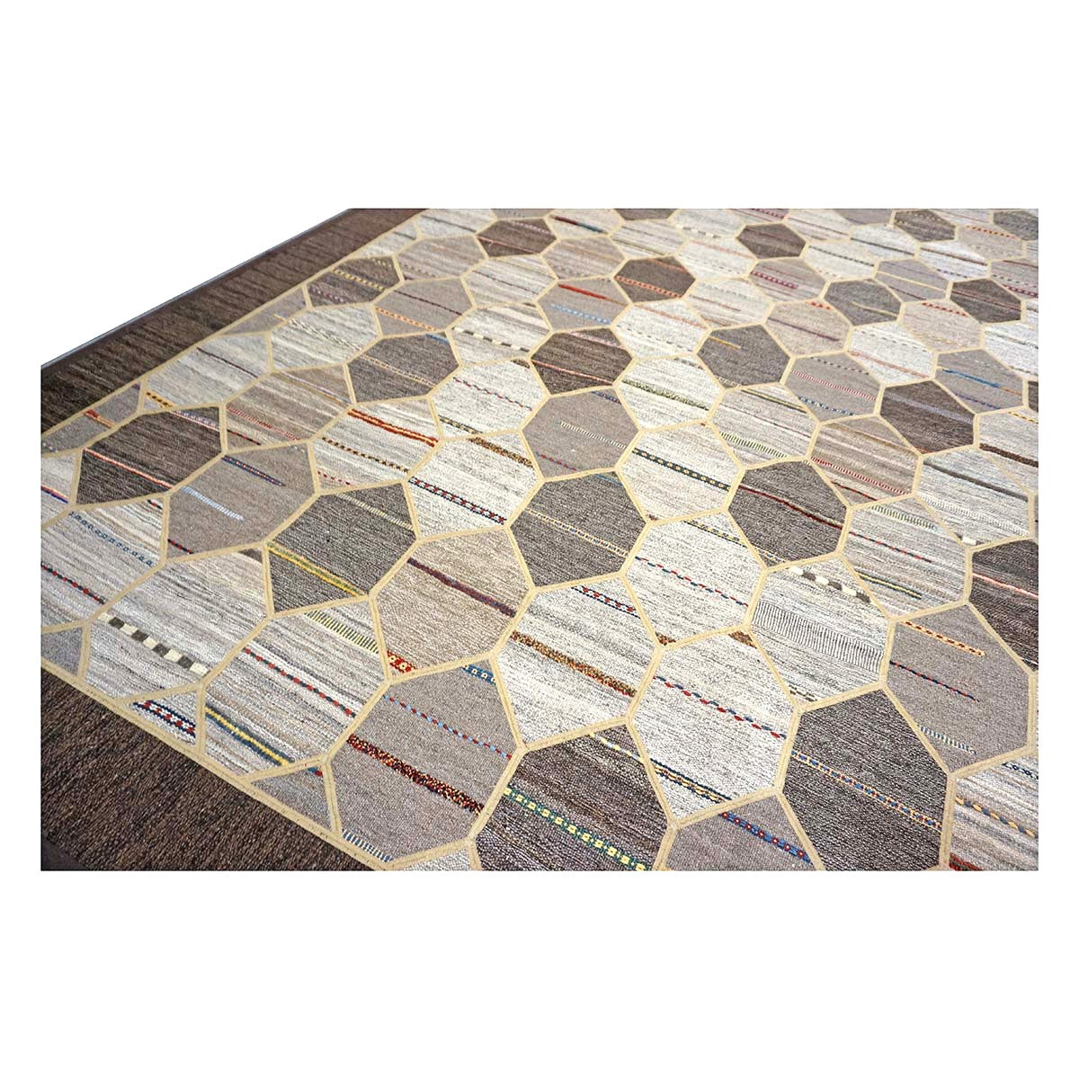Turkish Retro Kilim Flatweave Wool 10x14 Ivory, Grey & Brown Handmade Area Rug #1142401