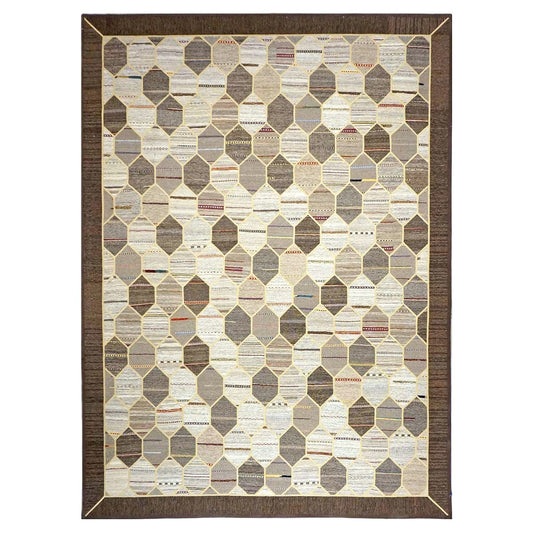 Turkish Retro Kilim Flatweave Wool 10x14 Ivory, Grey & Brown Handmade Area Rug #1142401