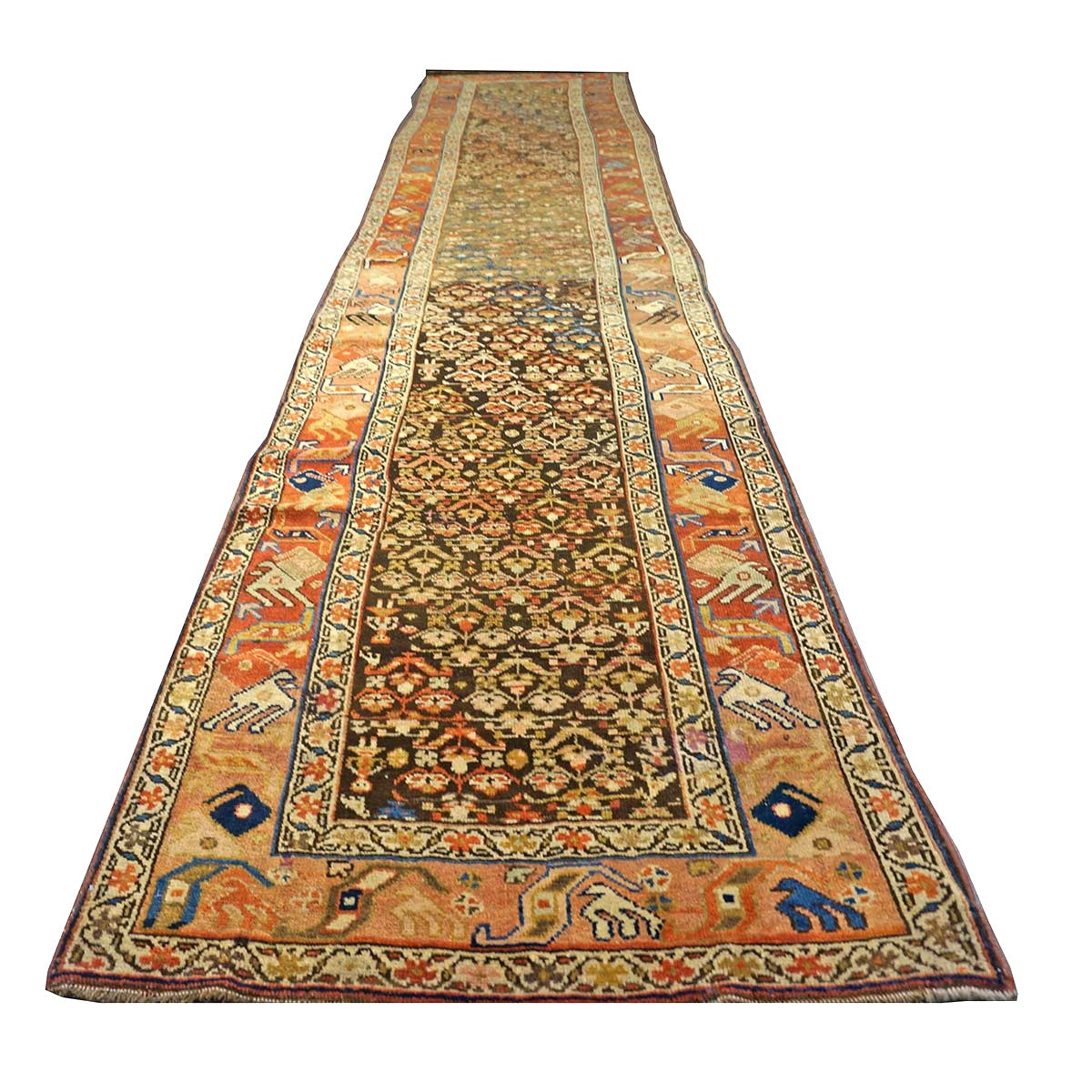 Antique Persian Azerbaijani Wool 3x15 Brown, Rust & Ivory Handmade Runner Rug #1142503