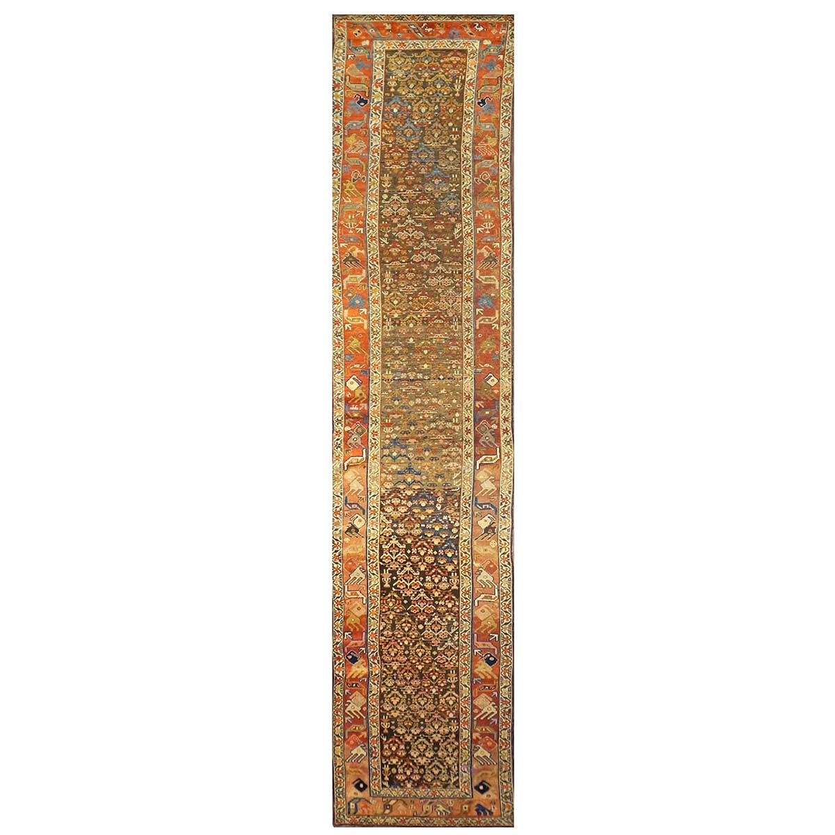 Antique Persian Azerbaijani Wool 3x15 Brown, Rust & Ivory Handmade Runner Rug #1142503