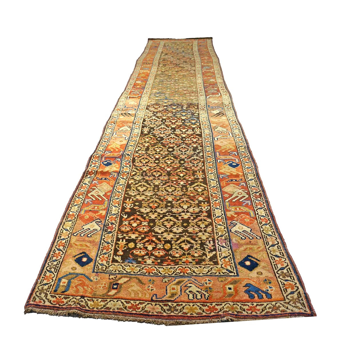 Antique Persian Azerbaijani Wool 3x15 Brown, Rust & Ivory Handmade Runner Rug #1142503