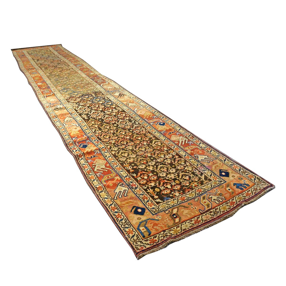 Antique Persian Azerbaijani Wool 3x15 Brown, Rust & Ivory Handmade Runner Rug #1142503