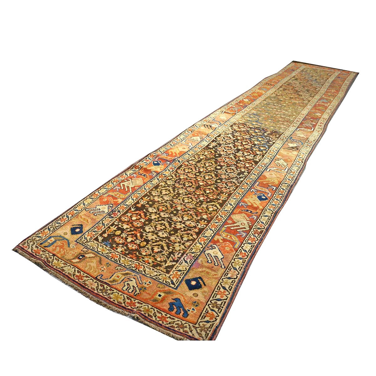 Antique Persian Azerbaijani Wool 3x15 Brown, Rust & Ivory Handmade Runner Rug #1142503