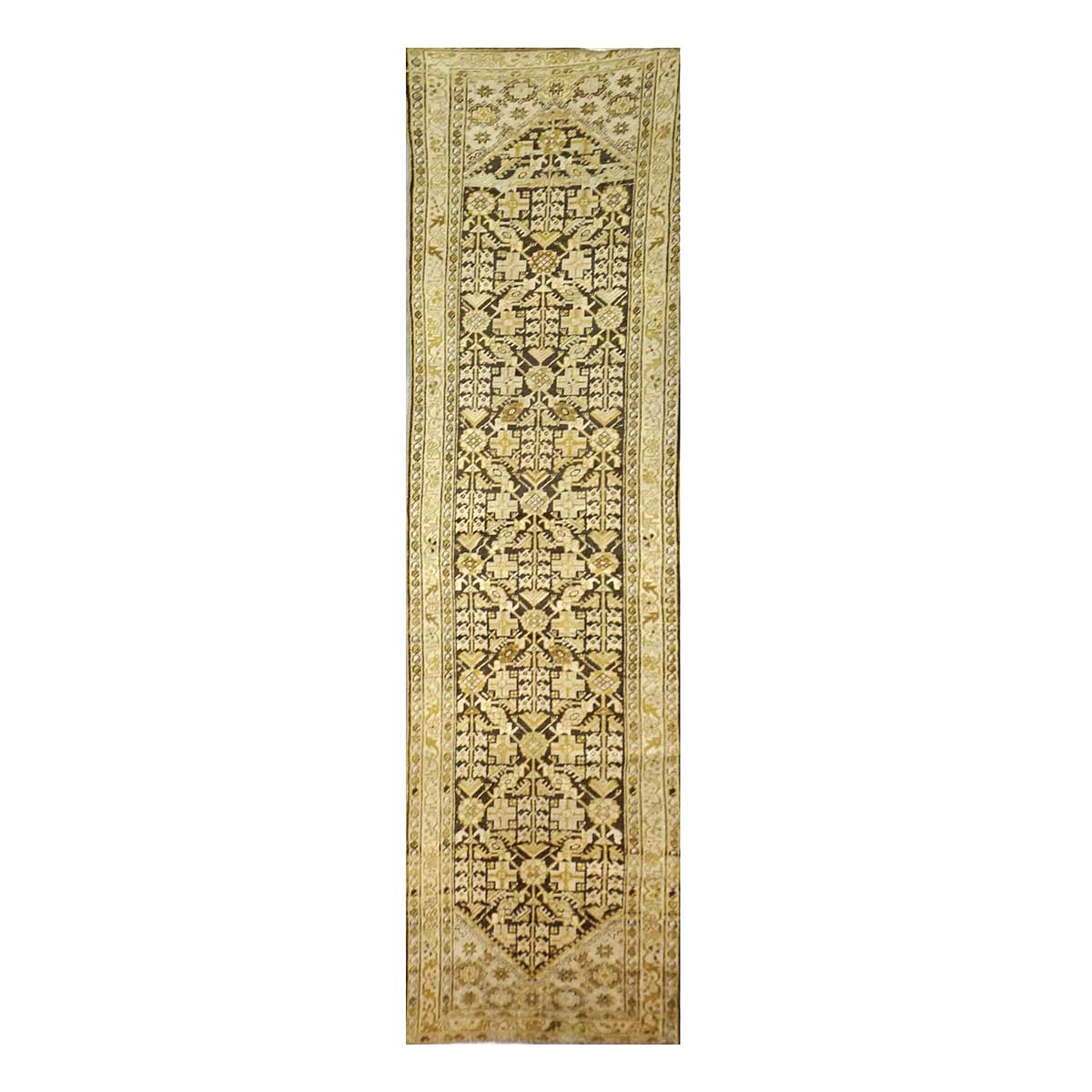Antique Persian Malayer Wool 3x13 Brown & Ivory Handmade Runner Rug #1142514