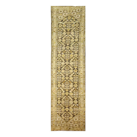 Antique Persian Malayer Wool 3x13 Brown & Ivory Handmade Runner Rug #1142514