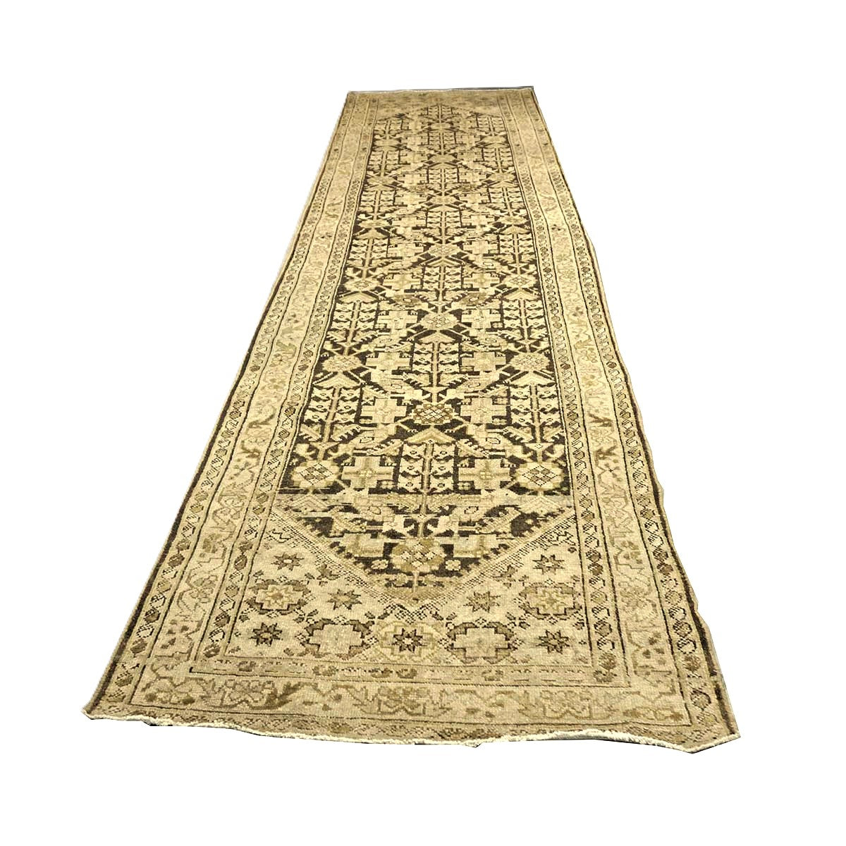 Antique Persian Malayer Wool 3x13 Brown & Ivory Handmade Runner Rug #1142514