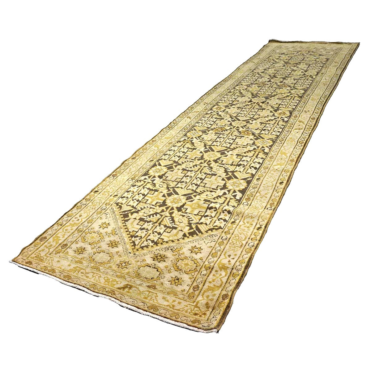 Antique Persian Malayer Wool 3x13 Brown & Ivory Handmade Runner Rug #1142514