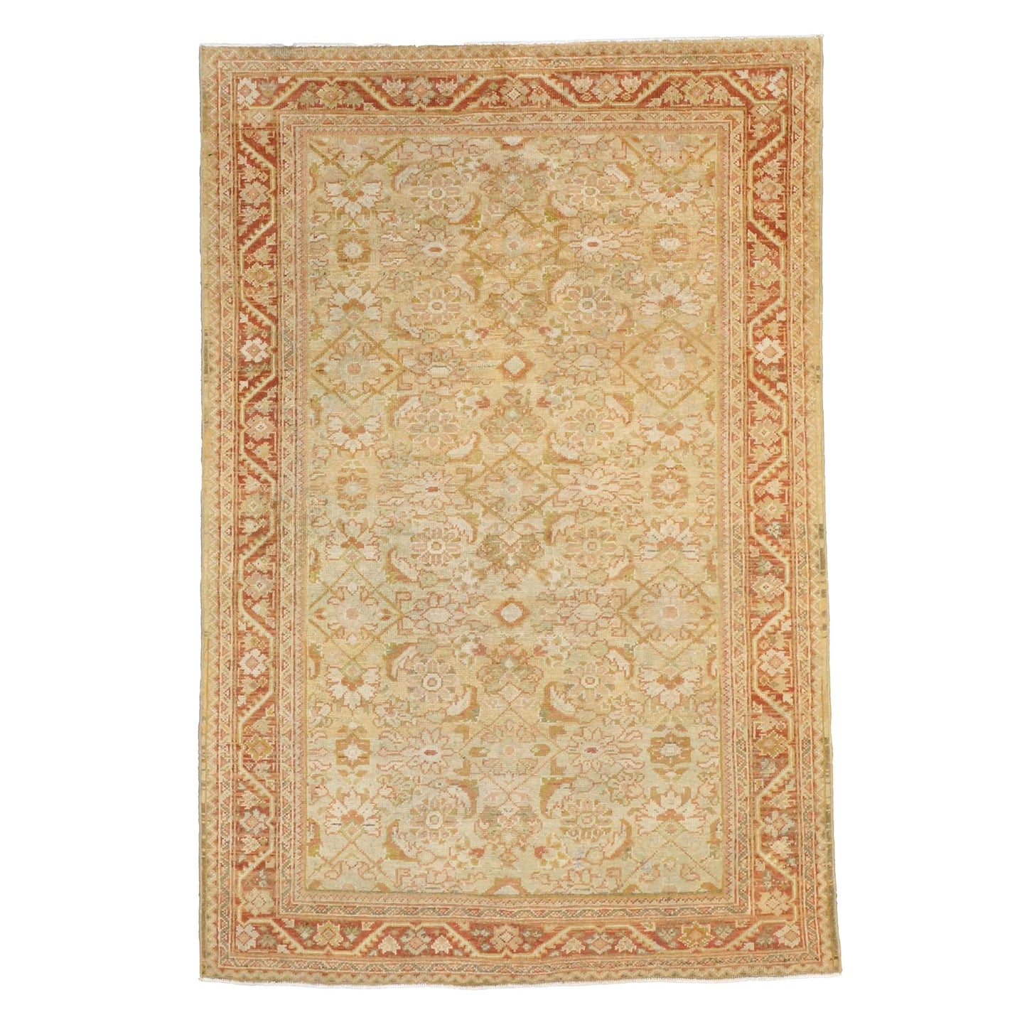 Antique Persian Sultanabad Wool 4x7 Tan, Ivory, Rust & Olive Handmade Area Rug #1142543