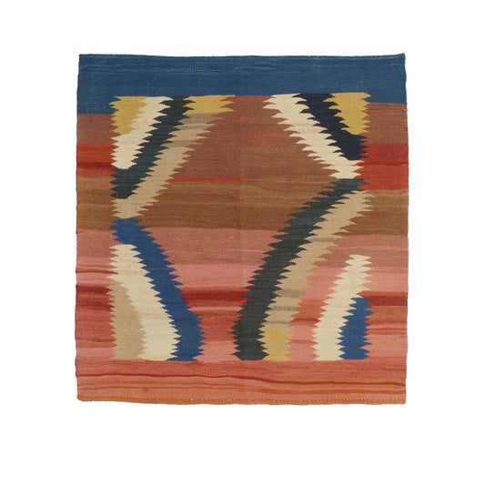 Turkish Safari Kilim Flatweave Wool 4x4 Pink, Blue & Brown Handmade Square Area Rug # 1142558