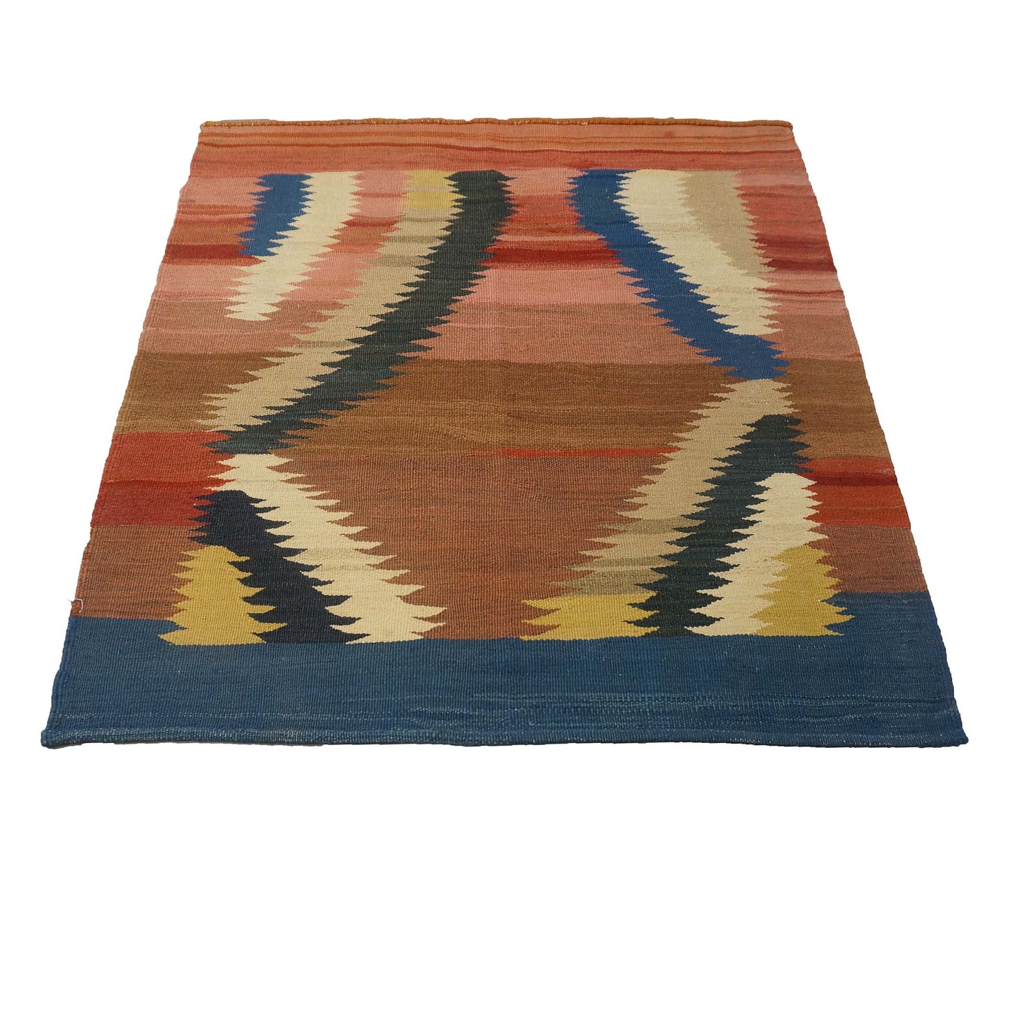 Turkish Safari Kilim Flatweave Wool 4x4 Pink, Blue & Brown Handmade Square Area Rug # 1142558