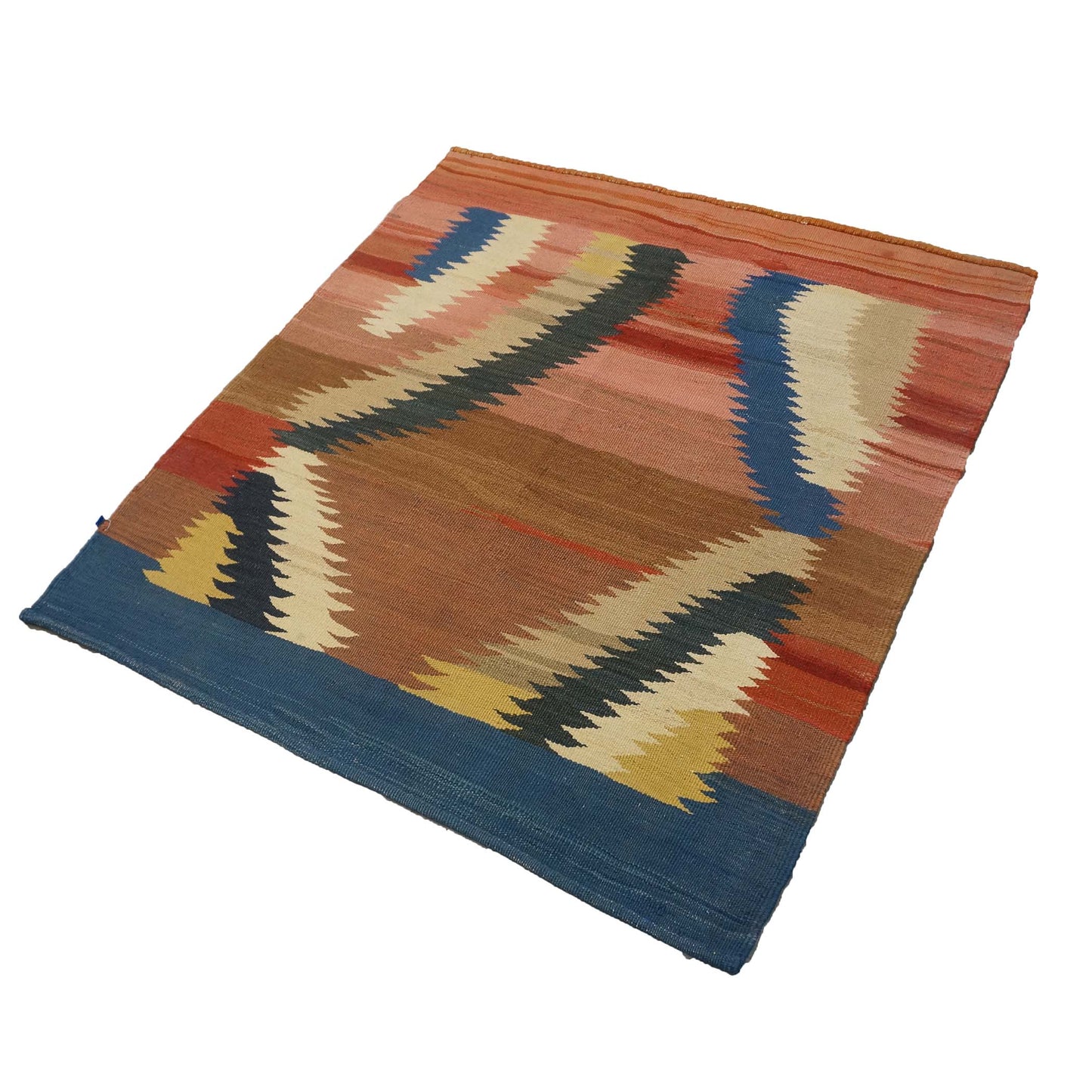 Turkish Safari Kilim Flatweave Wool 4x4 Pink, Blue & Brown Handmade Square Area Rug # 1142558