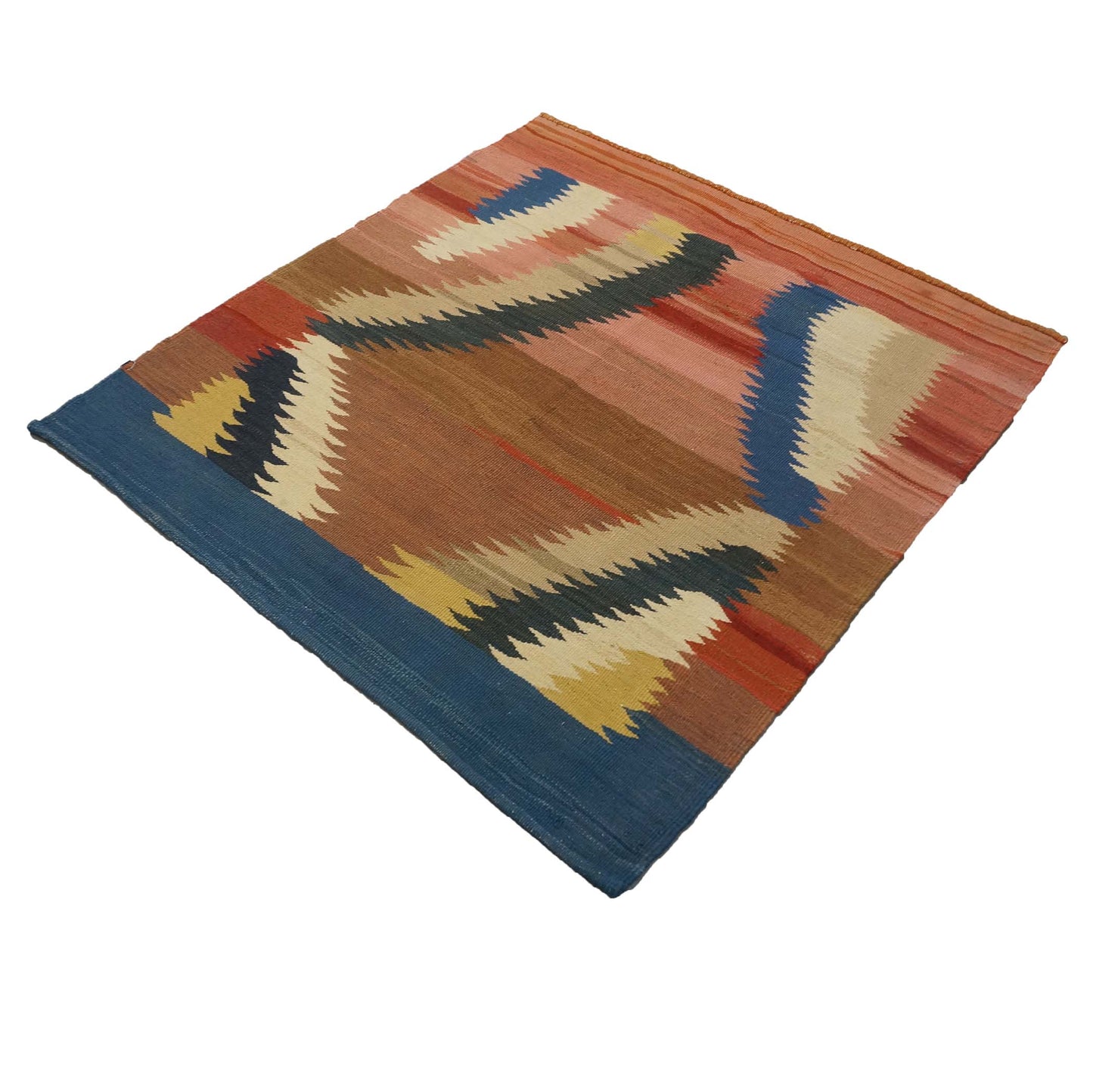 Turkish Safari Kilim Flatweave Wool 4x4 Pink, Blue & Brown Handmade Square Area Rug # 1142558