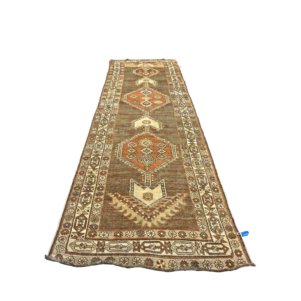 Antique Persian Azerbaijani Tribal Wool 3x11 Brown, Orange & Ivory Handmade Runner Rug #1142574
