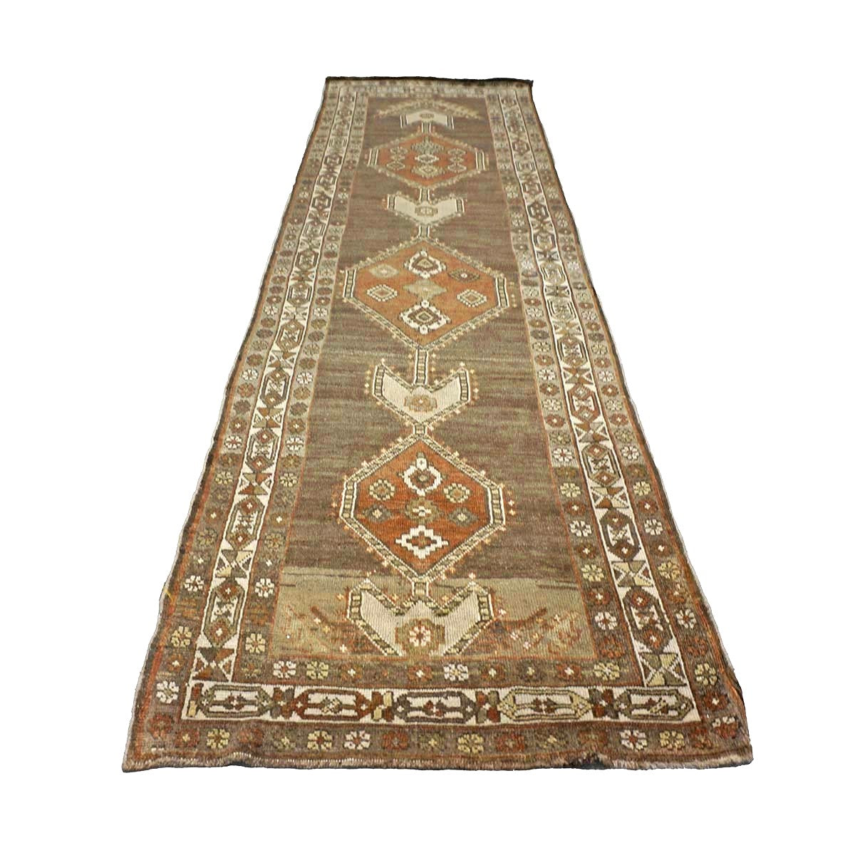 Antique Persian Azerbaijani Tribal Wool 3x11 Brown, Orange & Ivory Handmade Runner Rug #1142574