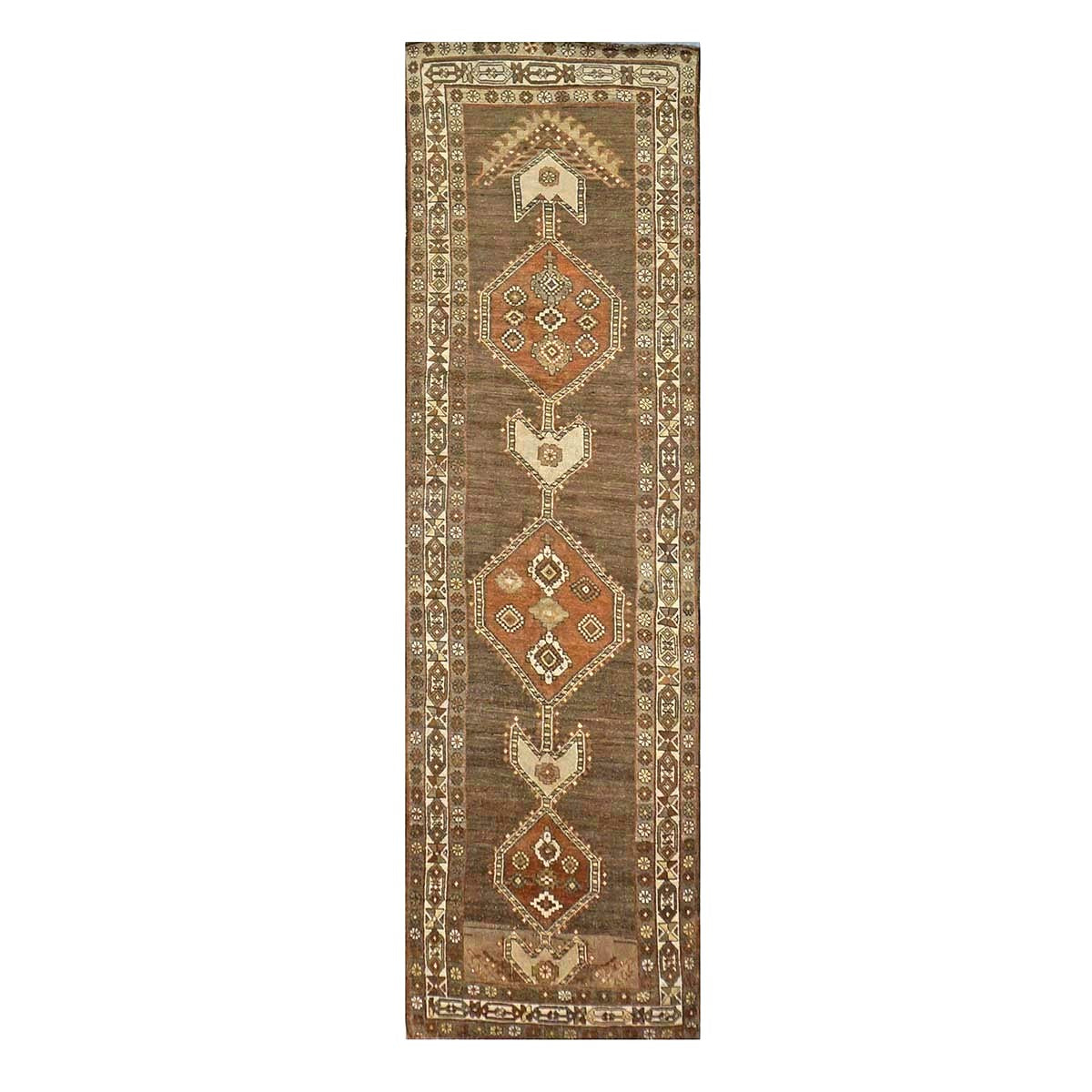 Antique Persian Azerbaijani Tribal Wool 3x11 Brown, Orange & Ivory Handmade Runner Rug #1142574