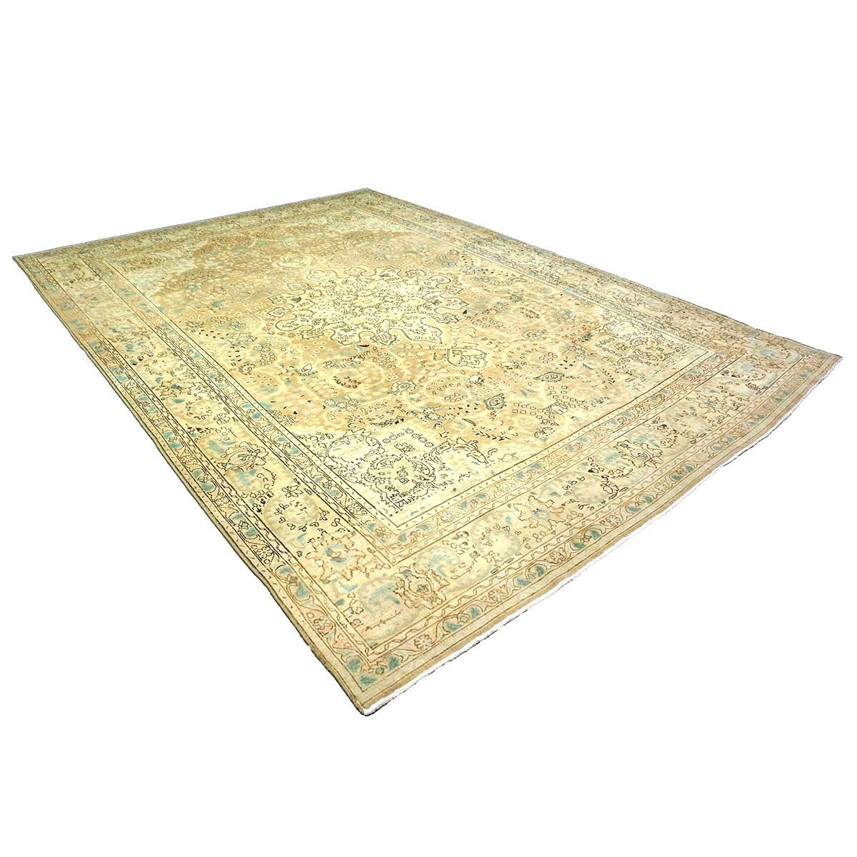 Antique Persian Tabriz Wool 8X11 Tan, Ivory, Black & Blue Handmade Area Rug #1142595