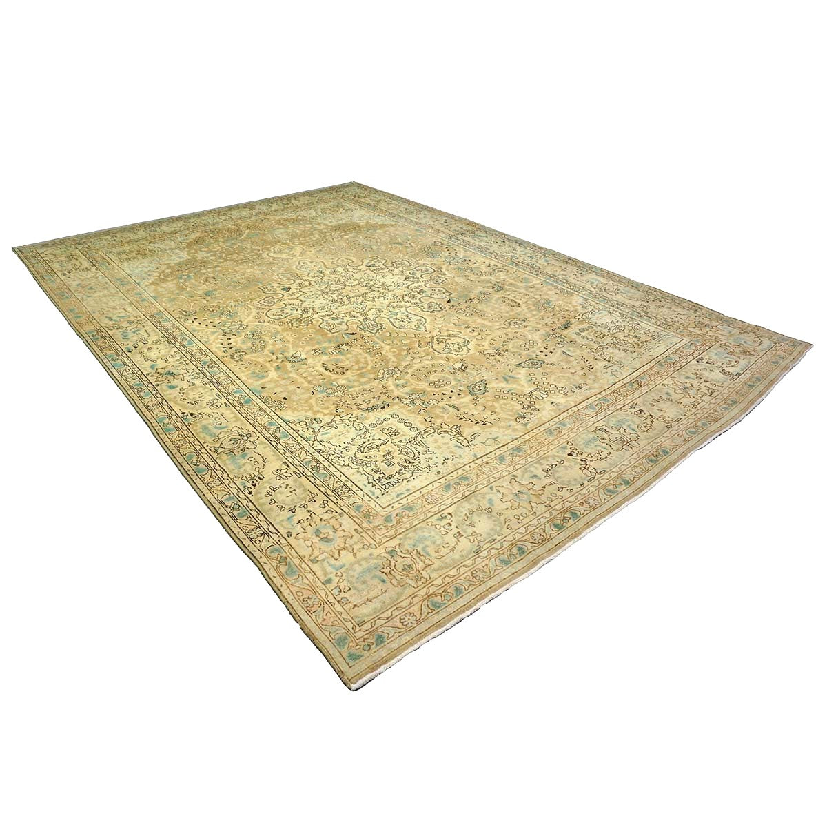 Antique Persian Tabriz Wool 8X11 Tan, Ivory, Black & Blue Handmade Area Rug #1142595