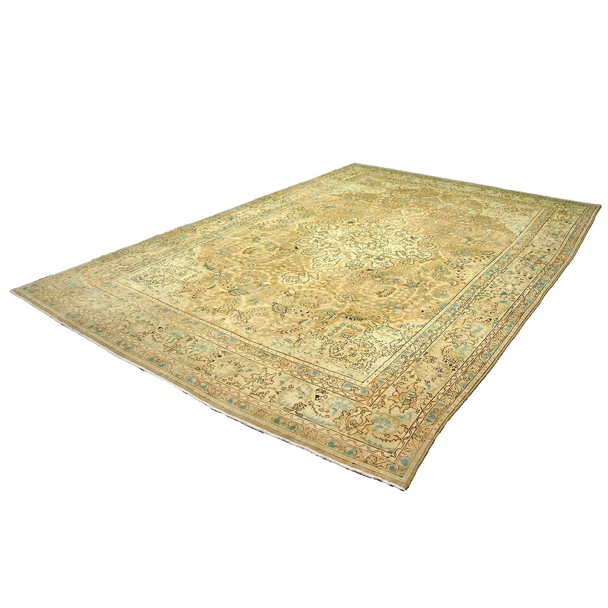 Antique Persian Tabriz Wool 8X11 Tan, Ivory, Black & Blue Handmade Area Rug #1142595