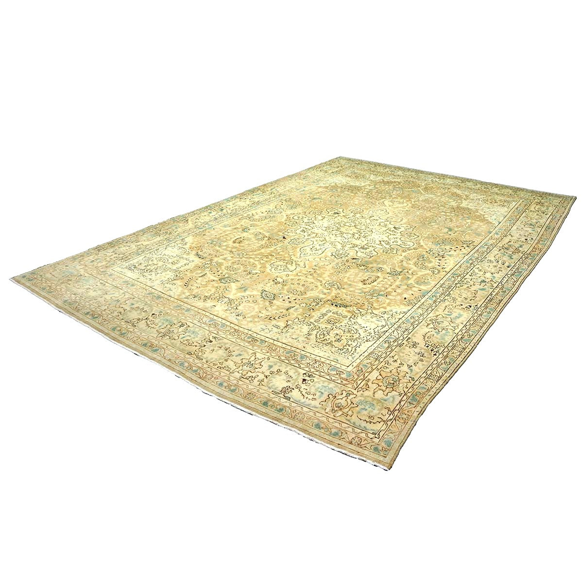 Antique Persian Tabriz Wool 8X11 Tan, Ivory, Black & Blue Handmade Area Rug #1142595