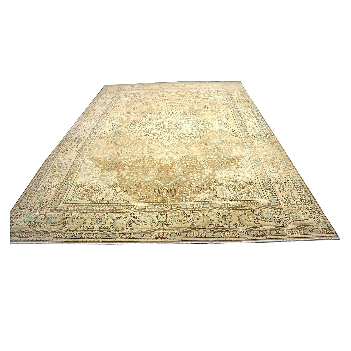 Antique Persian Tabriz Wool 8X11 Tan, Ivory, Black & Blue Handmade Area Rug #1142595