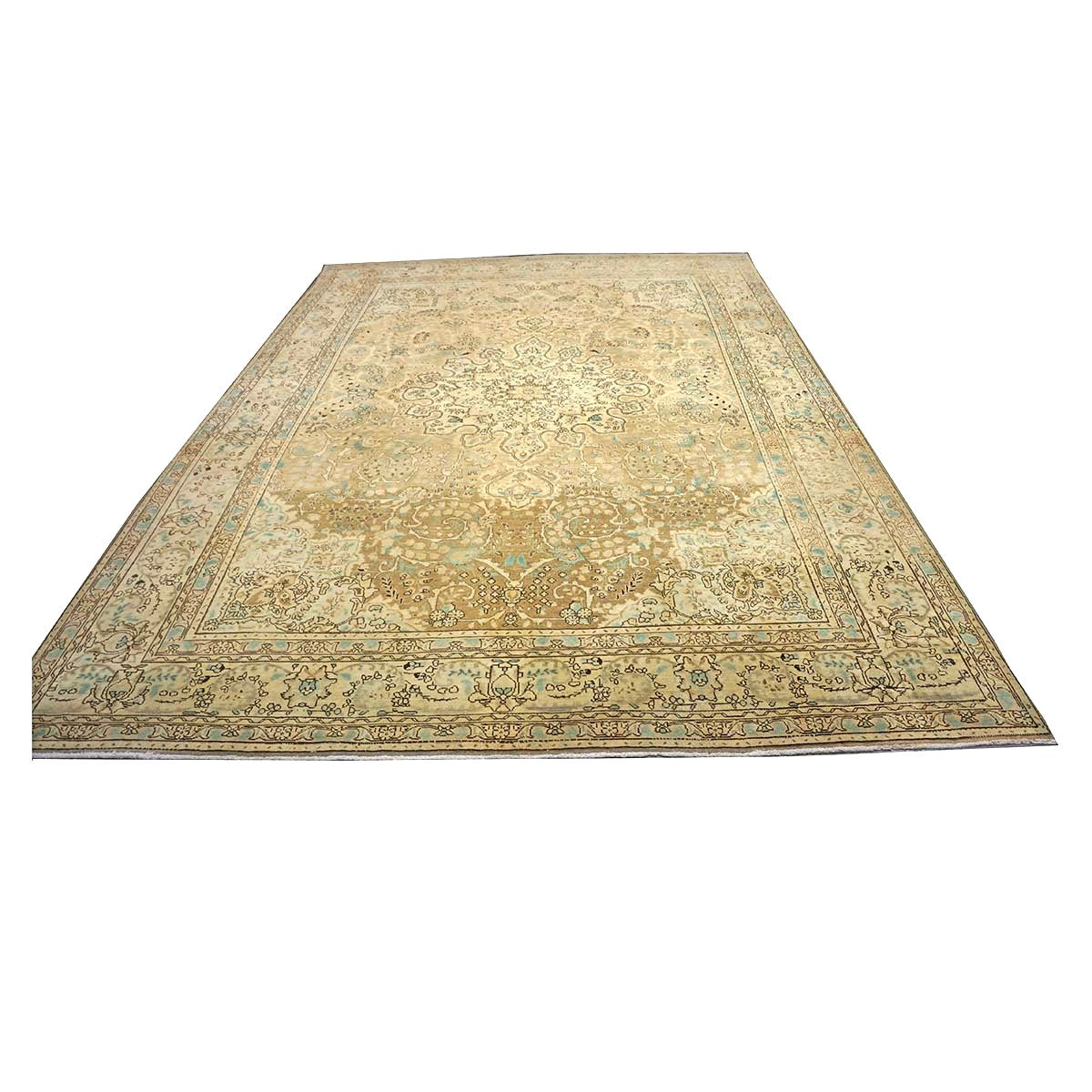 Antique Persian Tabriz Wool 8X11 Tan, Ivory, Black & Blue Handmade Area Rug #1142595