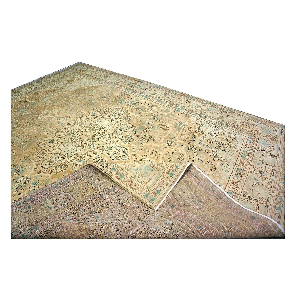 Antique Persian Tabriz Wool 8X11 Tan, Ivory, Black & Blue Handmade Area Rug #1142595