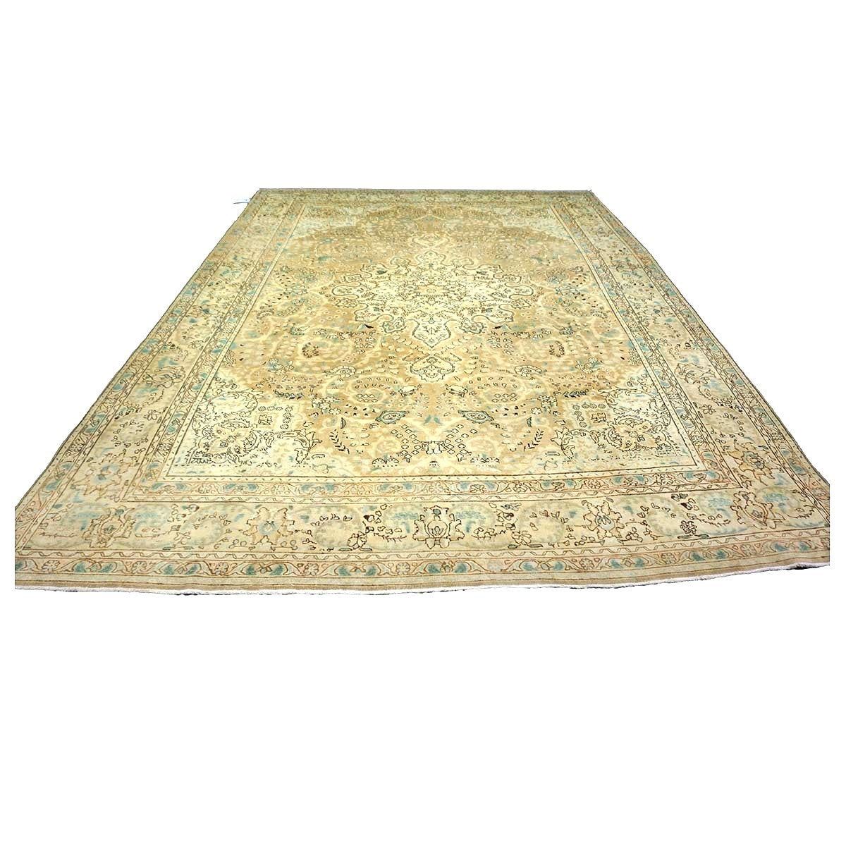 Antique Persian Tabriz Wool 8X11 Tan, Ivory, Black & Blue Handmade Area Rug #1142595