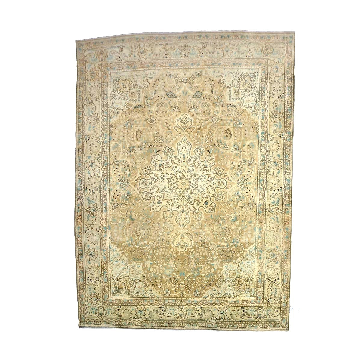 Antique Persian Tabriz Wool 8X11 Tan, Ivory, Black & Blue Handmade Area Rug #1142595