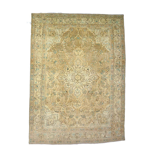 Antique Persian Tabriz Wool 8X11 Tan, Ivory, Black & Blue Handmade Area Rug #1142595