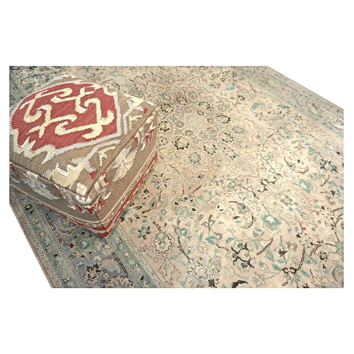 Vintage Persian Tabriz Wool 7x10 Pink, Teal & Ivory Handmade Area Rug #1142596
