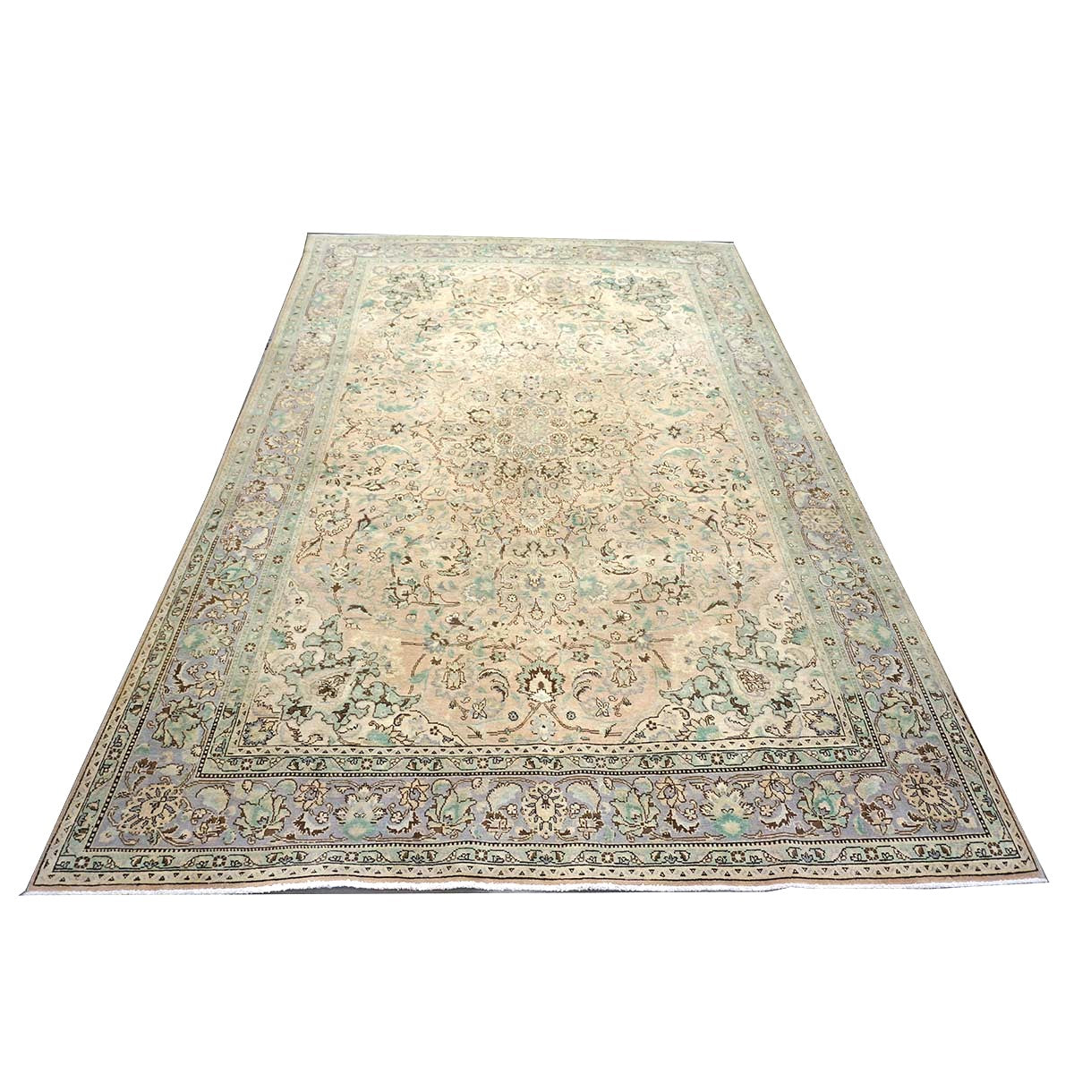 Vintage Persian Tabriz Wool 7x10 Pink, Teal & Ivory Handmade Area Rug #1142596