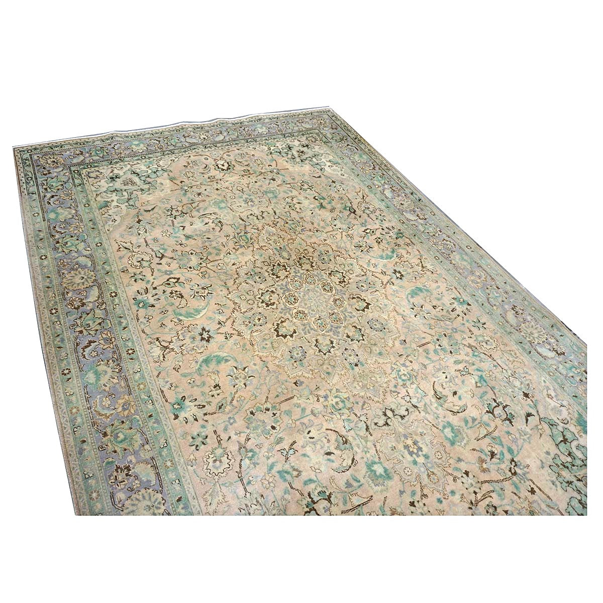 Vintage Persian Tabriz Wool 7x10 Pink, Teal & Ivory Handmade Area Rug #1142596