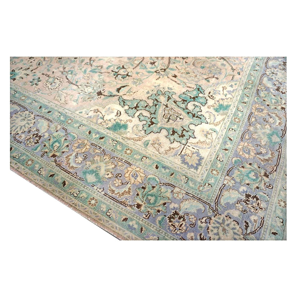 Vintage Persian Tabriz Wool 7x10 Pink, Teal & Ivory Handmade Area Rug #1142596