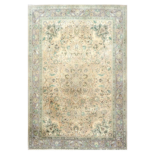 Vintage Persian Tabriz Wool 7x10 Pink, Teal & Ivory Handmade Area Rug #1142596