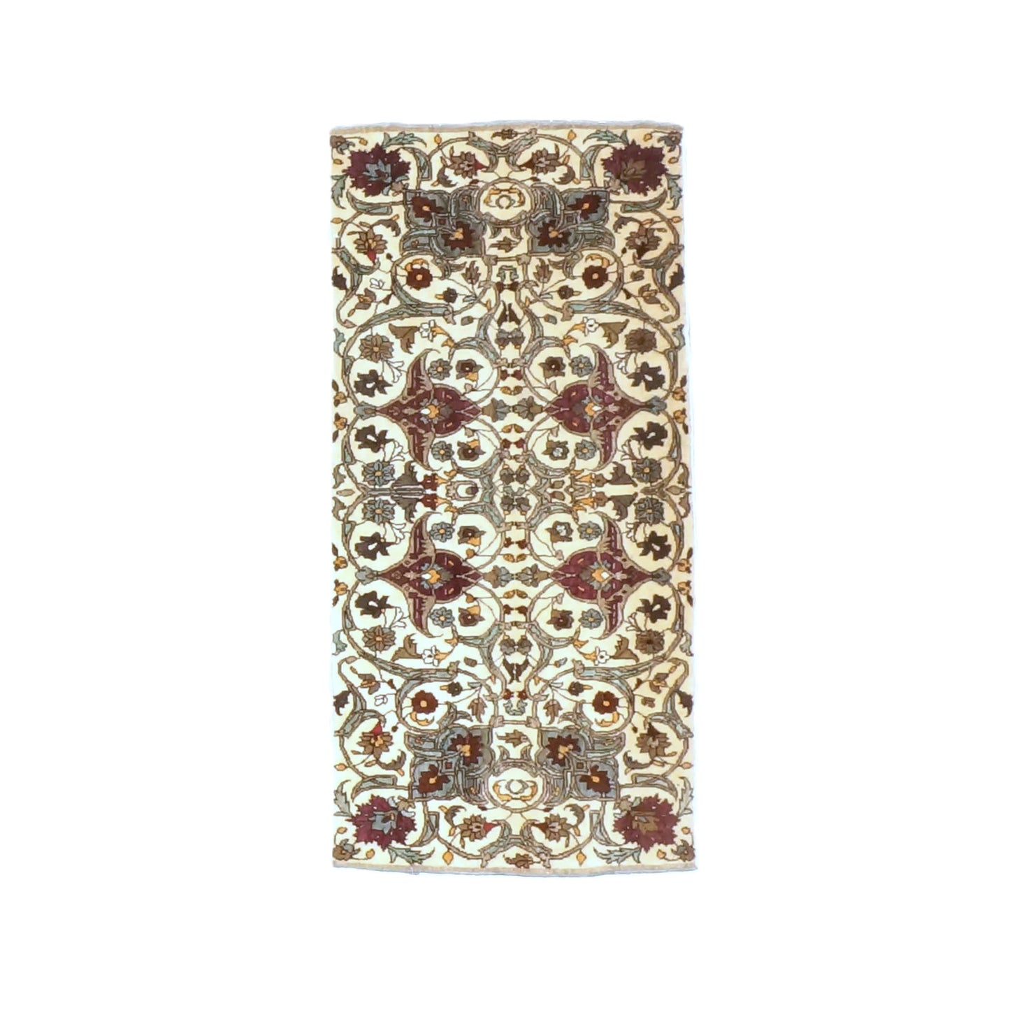 Antique Persian Semnan Wool 2x5 Ivory, Burgundy & Grey Handmade Runner Rug #1142600
