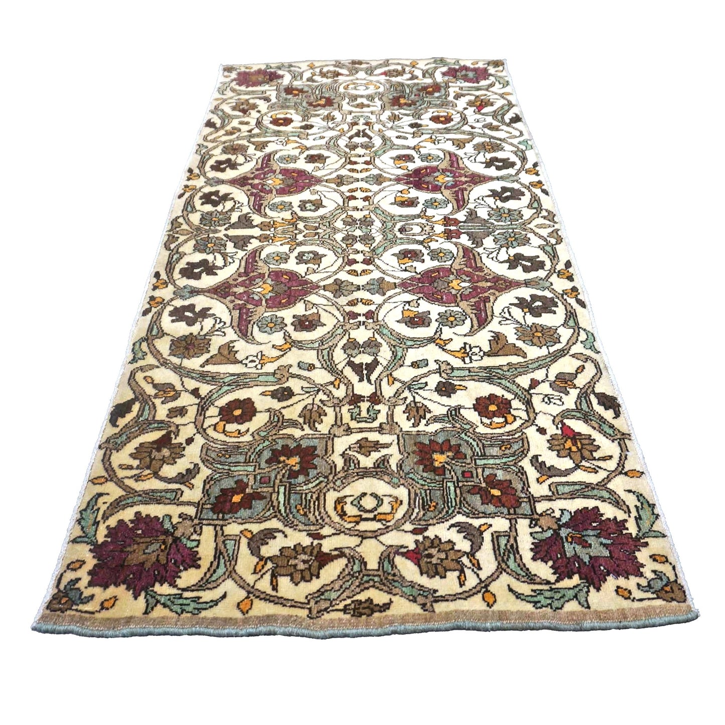Antique Persian Semnan Wool 2x5 Ivory, Burgundy & Grey Handmade Runner Rug #1142600