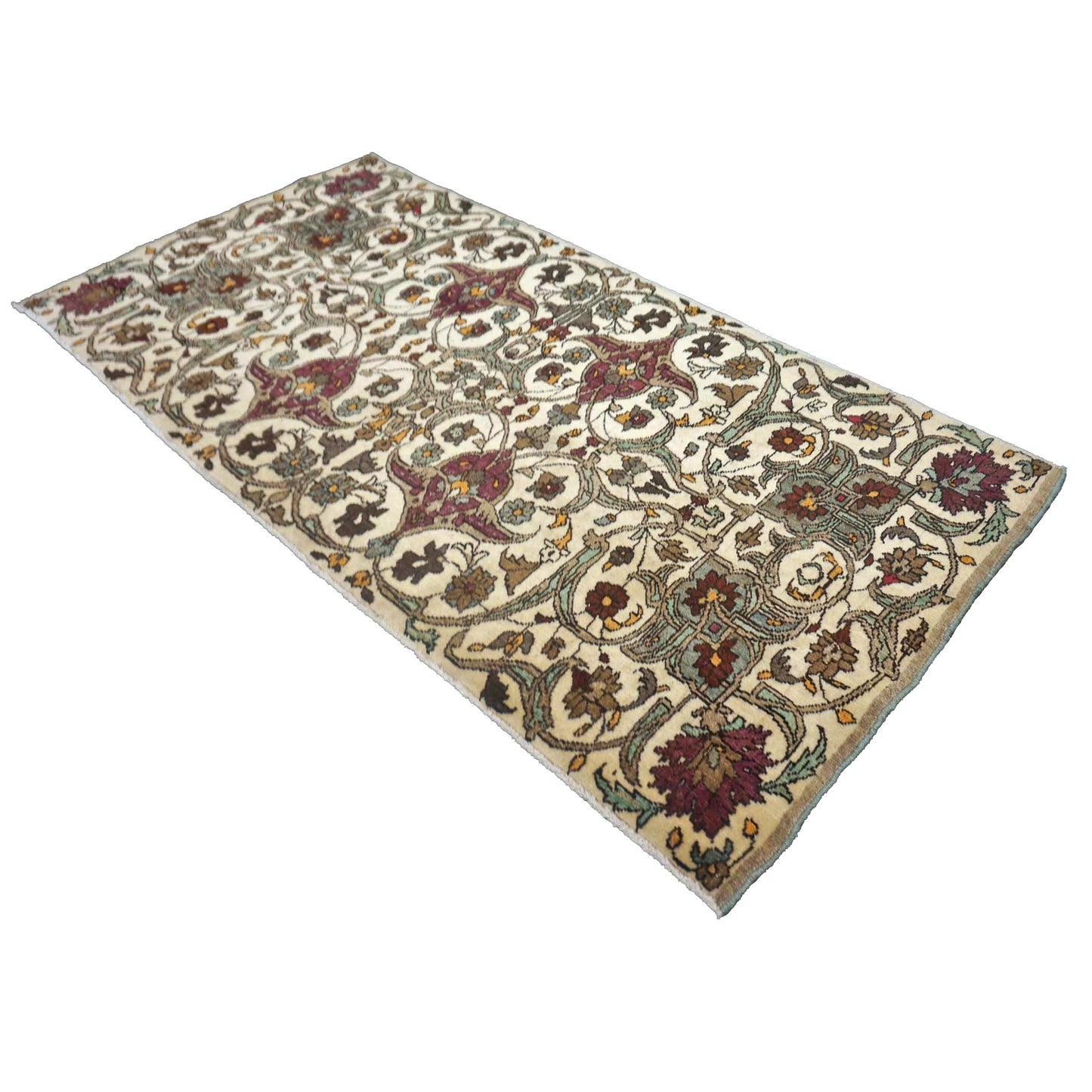 Antique Persian Semnan Wool 2x5 Ivory, Burgundy & Grey Handmade Runner Rug #1142600