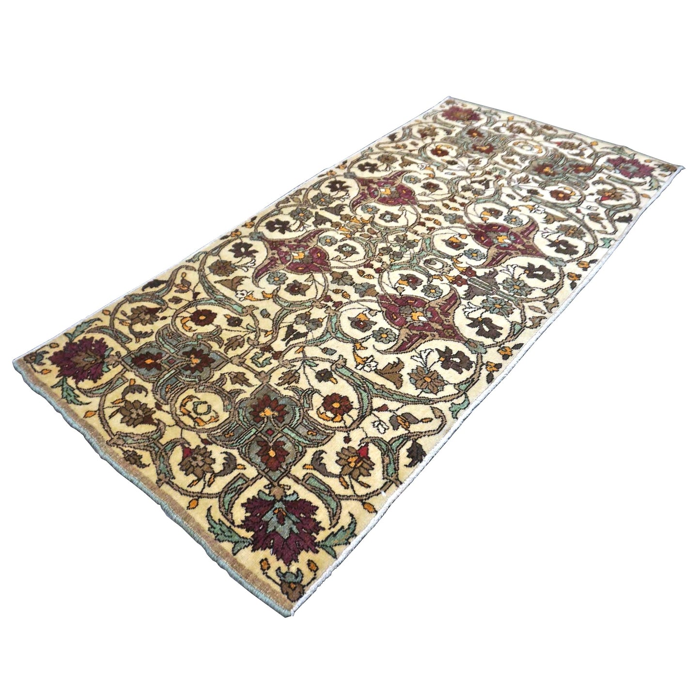 Antique Persian Semnan Wool 2x5 Ivory, Burgundy & Grey Handmade Runner Rug #1142600