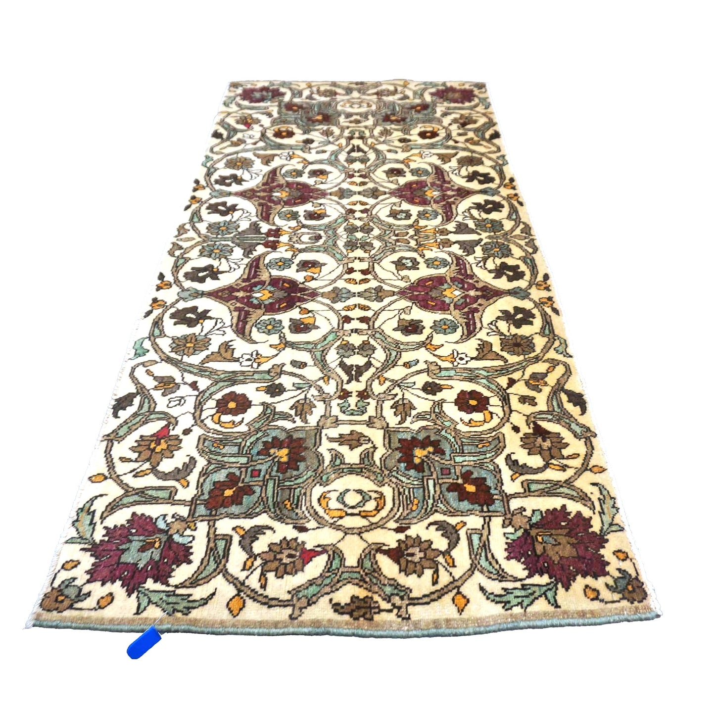 Antique Persian Semnan Wool 2x5 Ivory, Burgundy & Grey Handmade Runner Rug #1142600