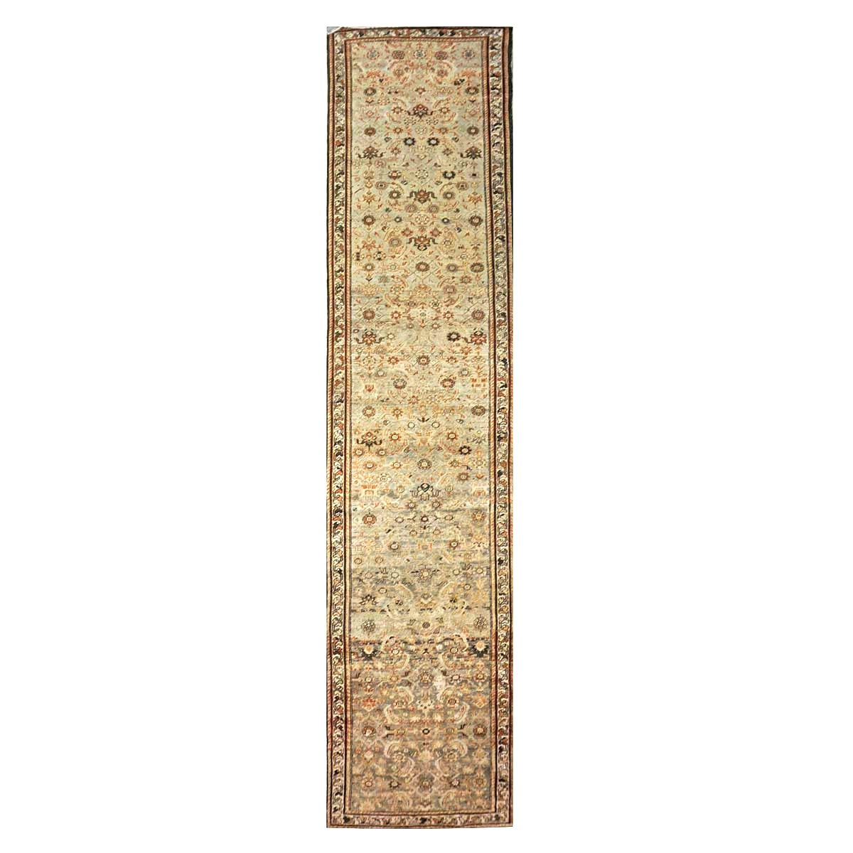Antique Persian Malayer Wool 4x16 Tan, Charcoal & Rust Handmade Gallery Rug #1142807
