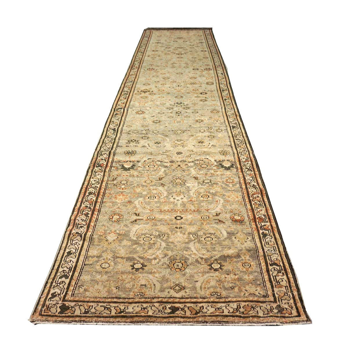 Antique Persian Malayer Wool 4x16 Tan, Charcoal & Rust Handmade Gallery Rug #1142807