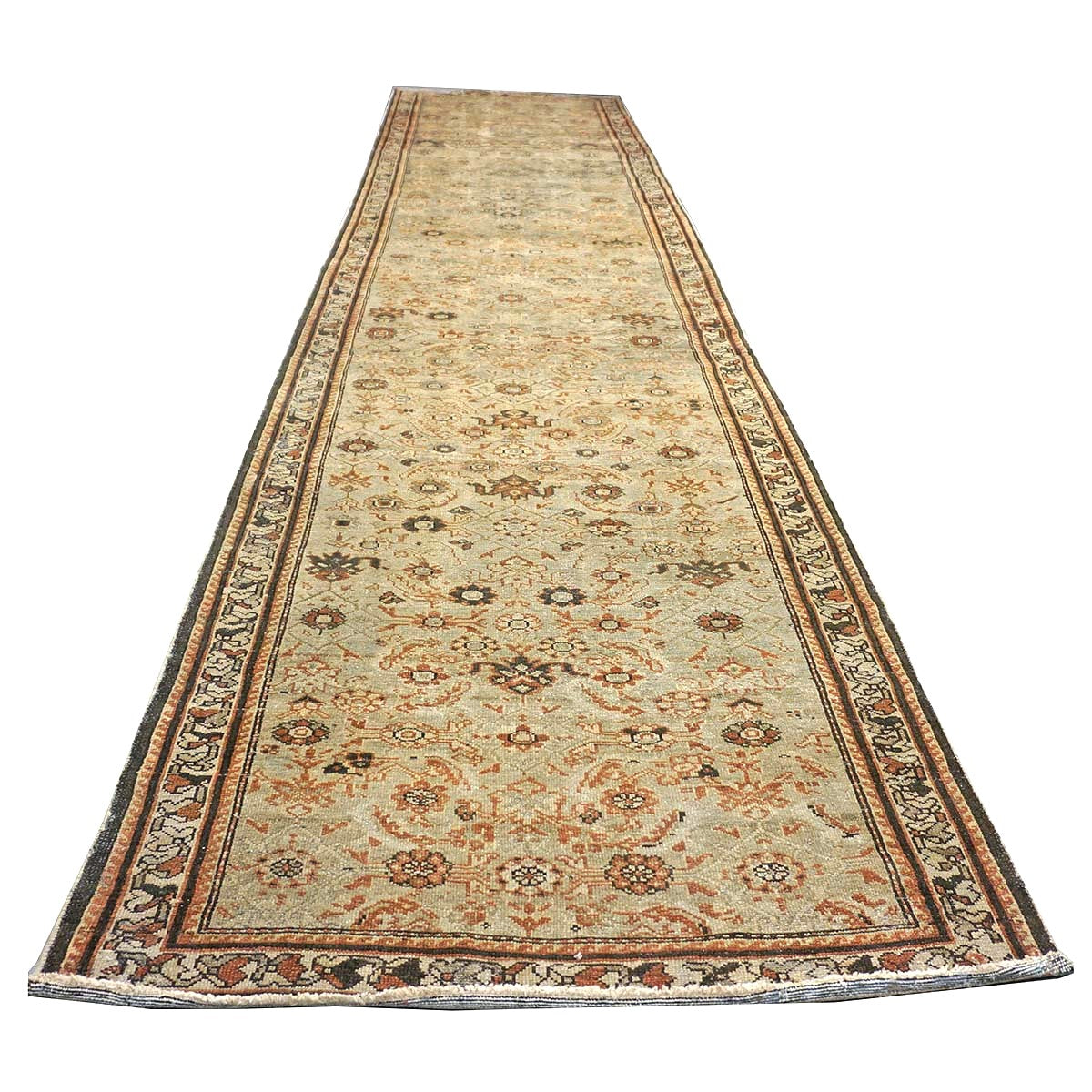 Antique Persian Malayer Wool 4x16 Tan, Charcoal & Rust Handmade Gallery Rug #1142807