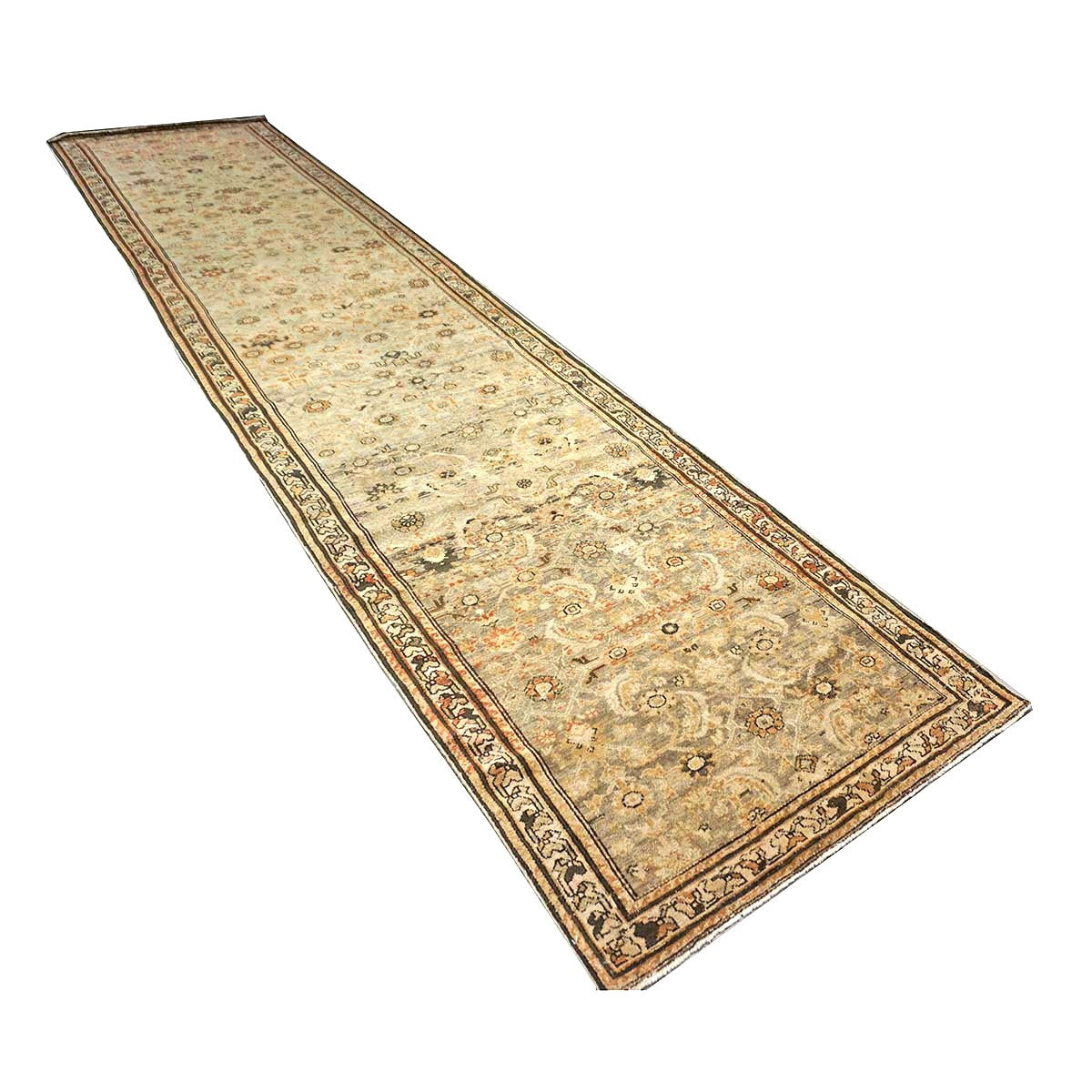 Antique Persian Malayer Wool 4x16 Tan, Charcoal & Rust Handmade Gallery Rug #1142807